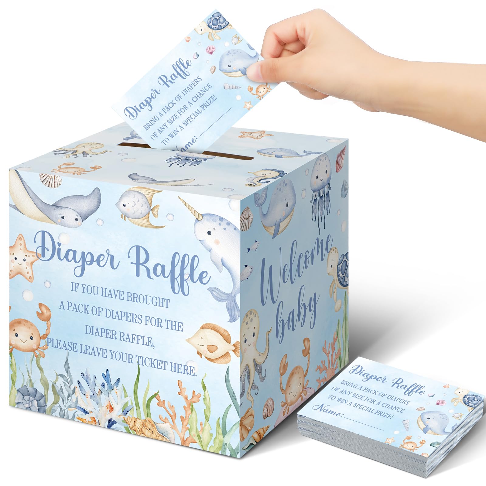 Photo 1 of Teling 51 Pieces Diaper Raffle Tickets with Card Box Baby Shower Decorations Baby Shower Holder Box for Girl Boy Diaper Raffle Party(Ocean Animals)