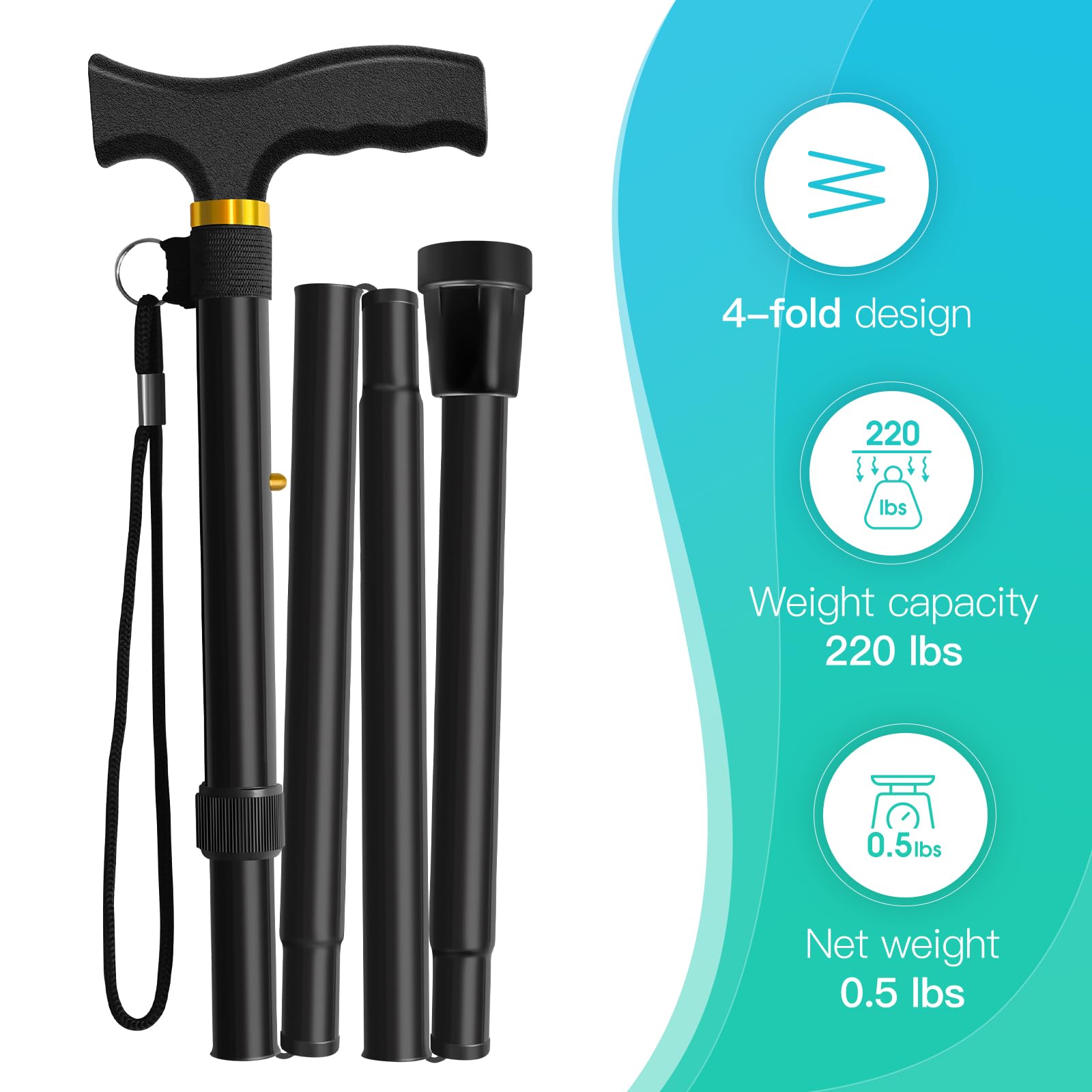 Folding Cane, Walking Poles with Adjustable Height, Canes for Men, Women and for The Elderly, Aids for People WithLlimited Mobility(Black)