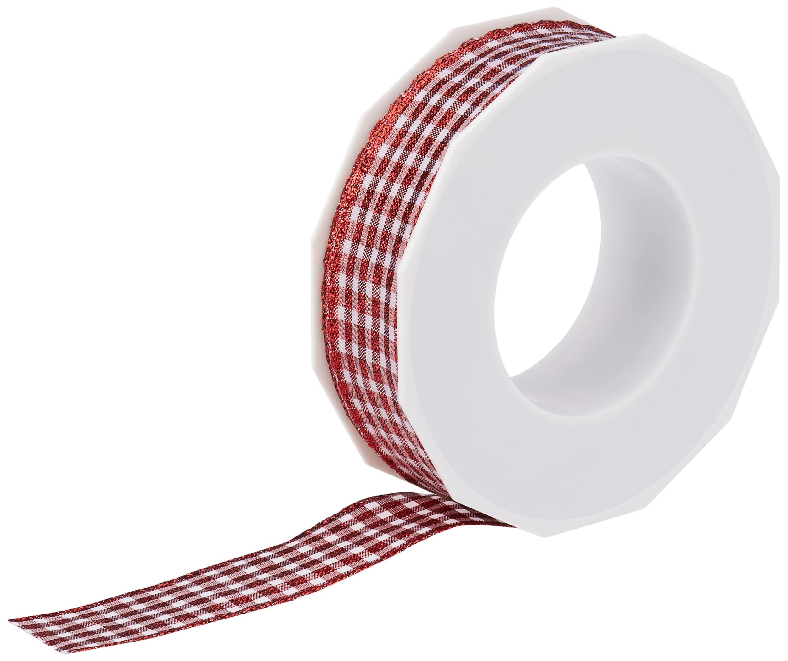 PRÄSENT - Vichy Metallic Wired wired edge Ribbon Red-White 25 mm width, 20 m length — image 1