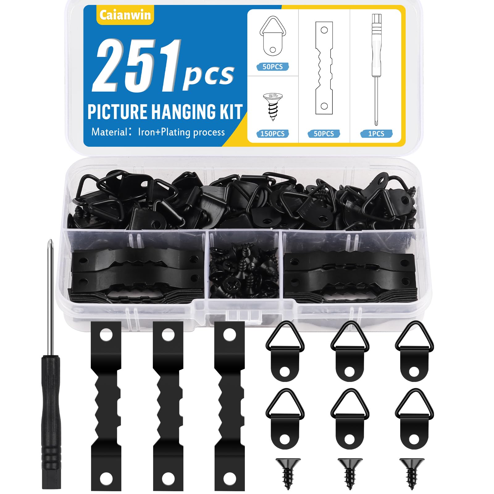 Caianwin 251Pcs Picture Hanging Kit, Wall Hooks for Hanging Pictures, Picture Hangers Set with Sawtooth, D Ring, Screws, Picture Hanging Tool for Photo Frames, Paintings, Mirrors (Black)