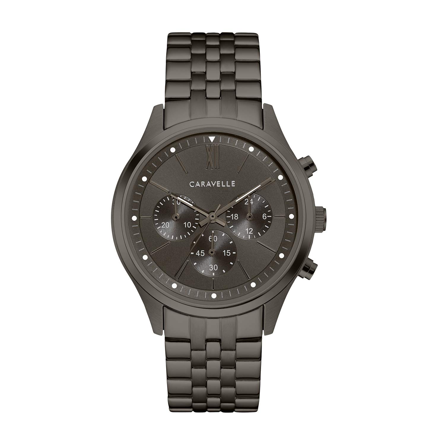 Caravelle Reloj de vestir para hombre con cronógrafo de 6 manecillas, cuarzo, acero inoxidable chapado en iones, esfera gris, 44 mm Estilo: 45A141