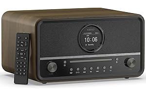 KEiiD Compact Radio CD Player with Speakers for Home, Retro Look Art-Deco Bluetooth Stereo Shelf System, LED Display with Dual Alarm Clocks, USB Playback, AUX, Headphone Output