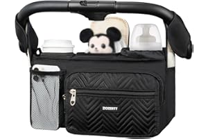 ZIOZERTT Universal Stroller Organizer with Insulated Cup Holder,Stroller Caddy Bag with Wet Wipes Pocket,Stroller Accessories Fits for Uppababy,Doona,Jogger,Britax,Mompush,BoB Strollers,Black