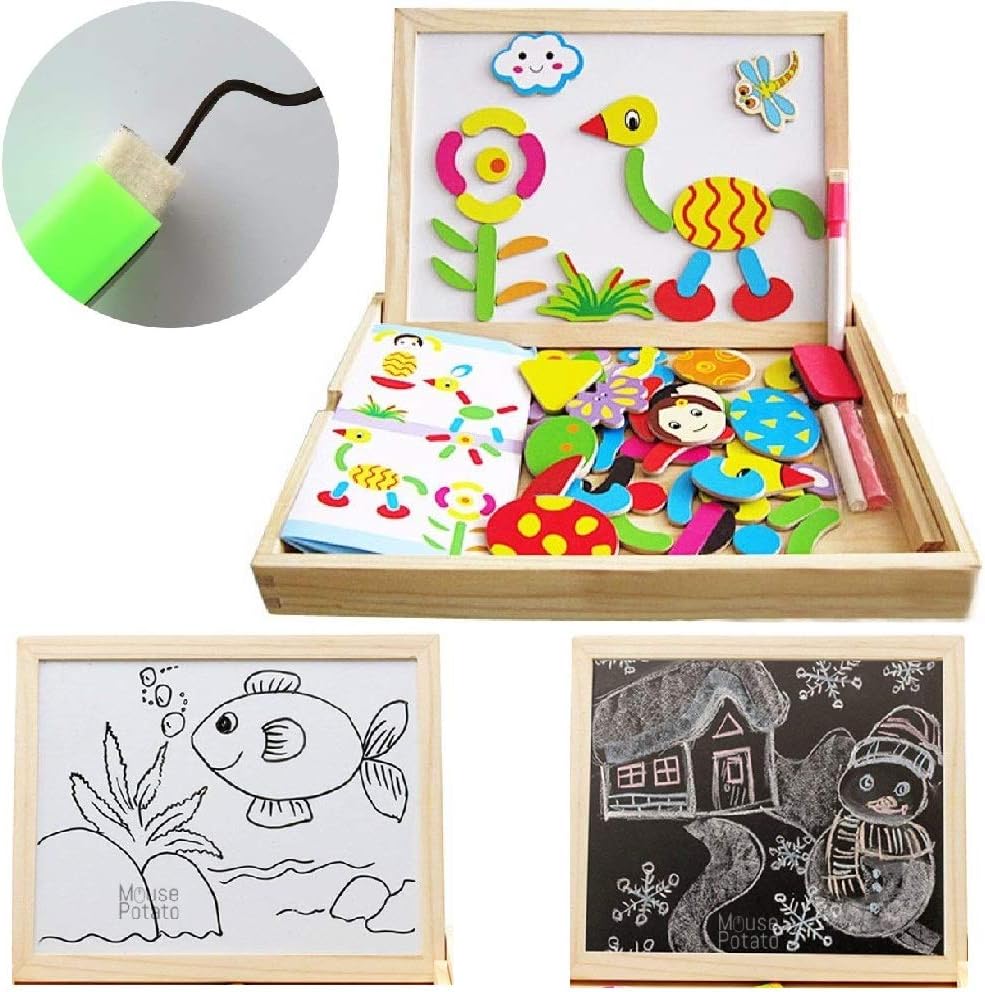 UJIE® 3 in 1 Wooden Puzzle Double Sided Magnetic Black & White Board for Writing & Drawing (Multi-Color)