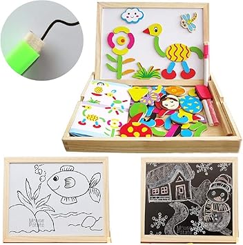 UJIE 3 in 1 Wooden Puzzle Double Sided Magnetic Black & White Board for Writing & Drawing (Multi-Color)