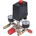 Air Compressor Pressure Valve Kit, Vertical Switch Manifold Regulator, 90‑120PSI Adjustable Pressure, Pressure Switch Control Valve with Pressure Regulator Gauges Valve Fittings Set