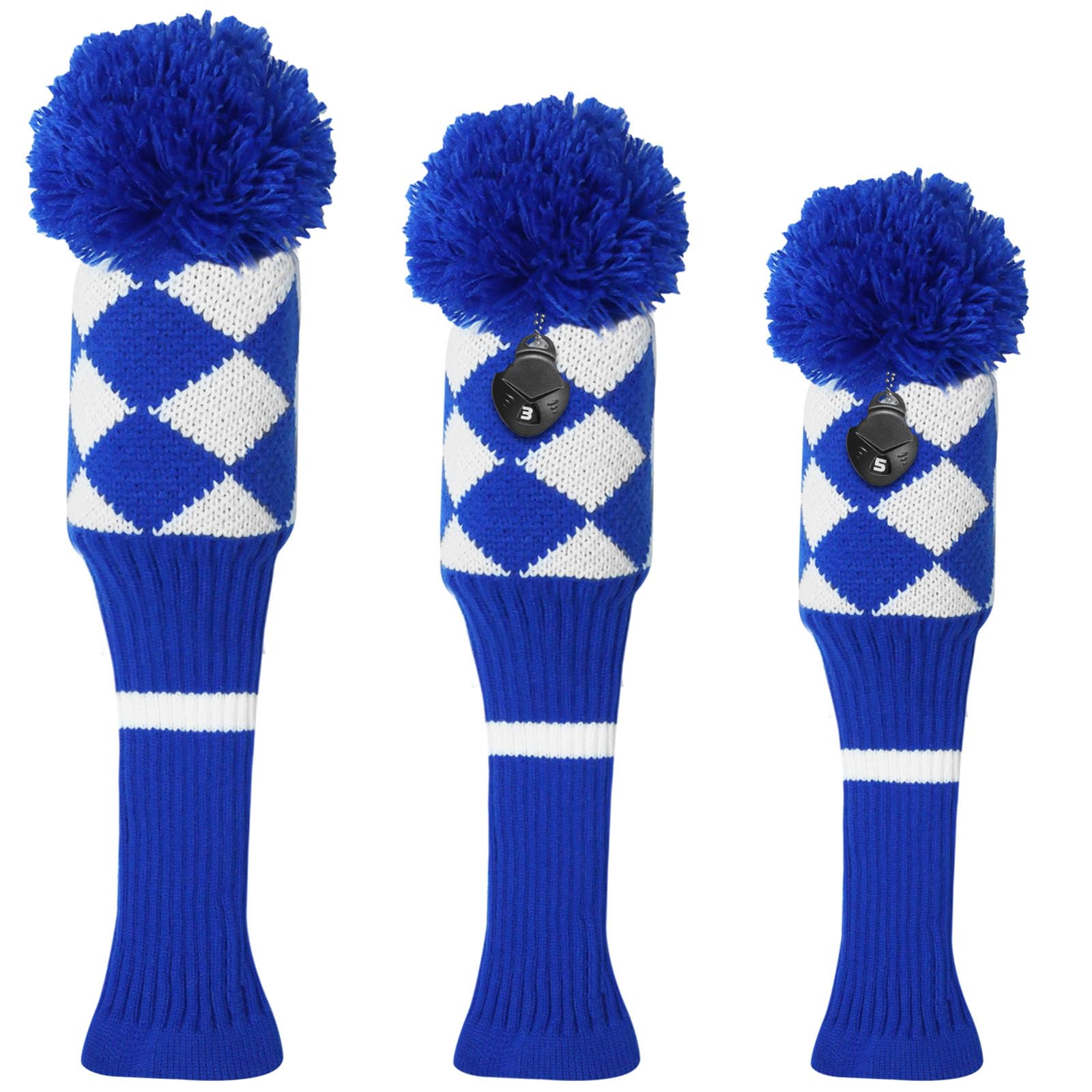 3 or 4 Pack Pom Golf Head Covers for Woods 1 3 5 Driver Fairway Hybrids Wood HeadCovers Set with Number Tag Knitted Golf Head Covers (Blue 135)