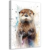 LZIMU Watercolor Otter Canvas Wall Art Funny Otter Poster Prints Cute Animals Colorful Artwork for Nursery Kids Room Decor Framed (Otter-3, 12.00"x18.00")