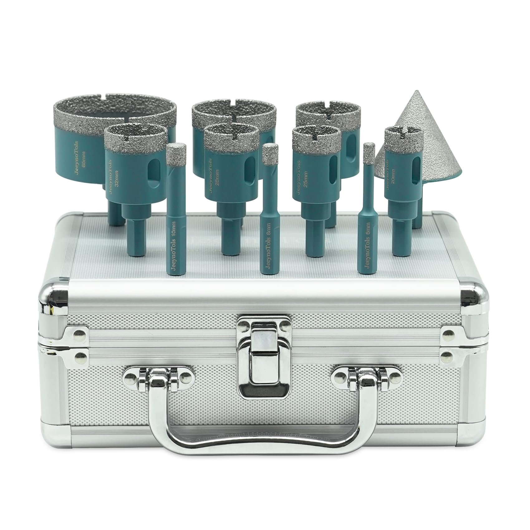 JeeynoTols Diamond Core Drill Bit Kit - 11pcs(6/8/10/20/25/28/32/35/45/65mm +50mm Chamfer Milling Bit) for Porcelain Ceramic Marble Masonry Stone Granite with Trangle Shank