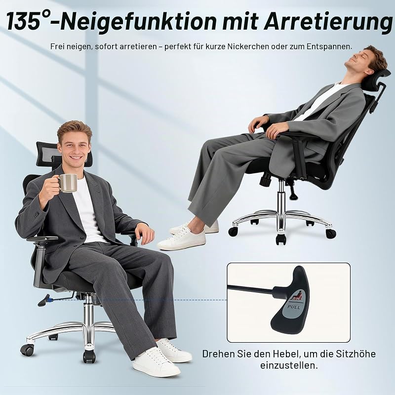 Bürostuhl Ergonomisch, Bürostuhl mit Lendenstütze Verstellbarer Kopfstütze und Armlehnen, 3-stufige Neigungsverriegelung, Rückenfreundlicher Schreibtischstuhl bis 150KG für Büro und Homeoffice