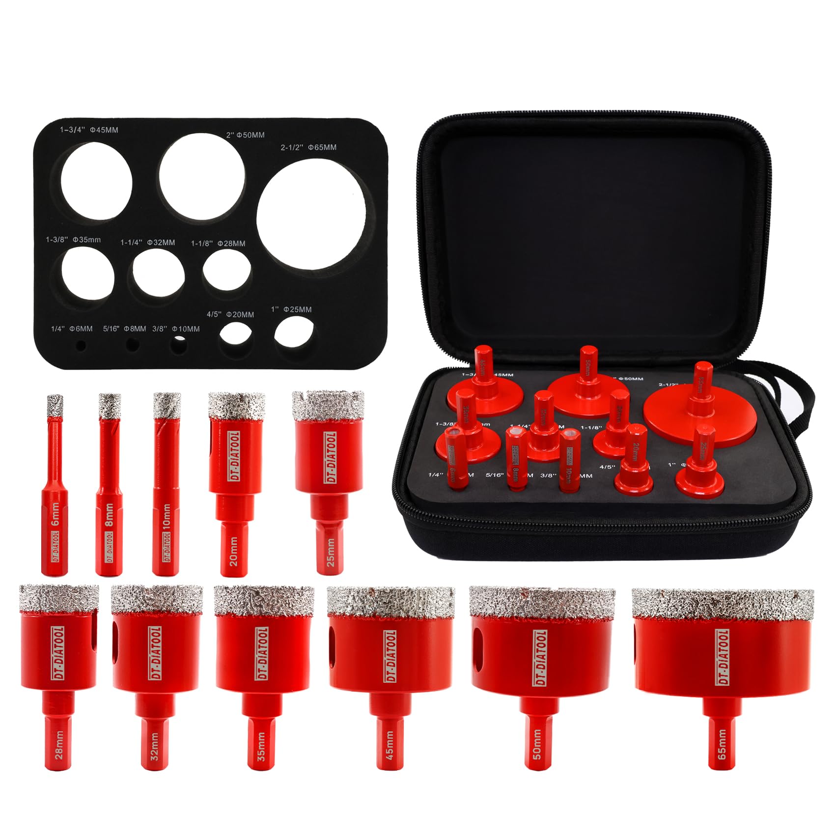 Diamond Core Drill Bit Set - DT-DIATOOL 11pcs (6/8/10/20/25/28/32/35/45/50/65mm) Hole Saw Kit with Triangle Shank for Porcelain Tile Ceramic Granite Marble