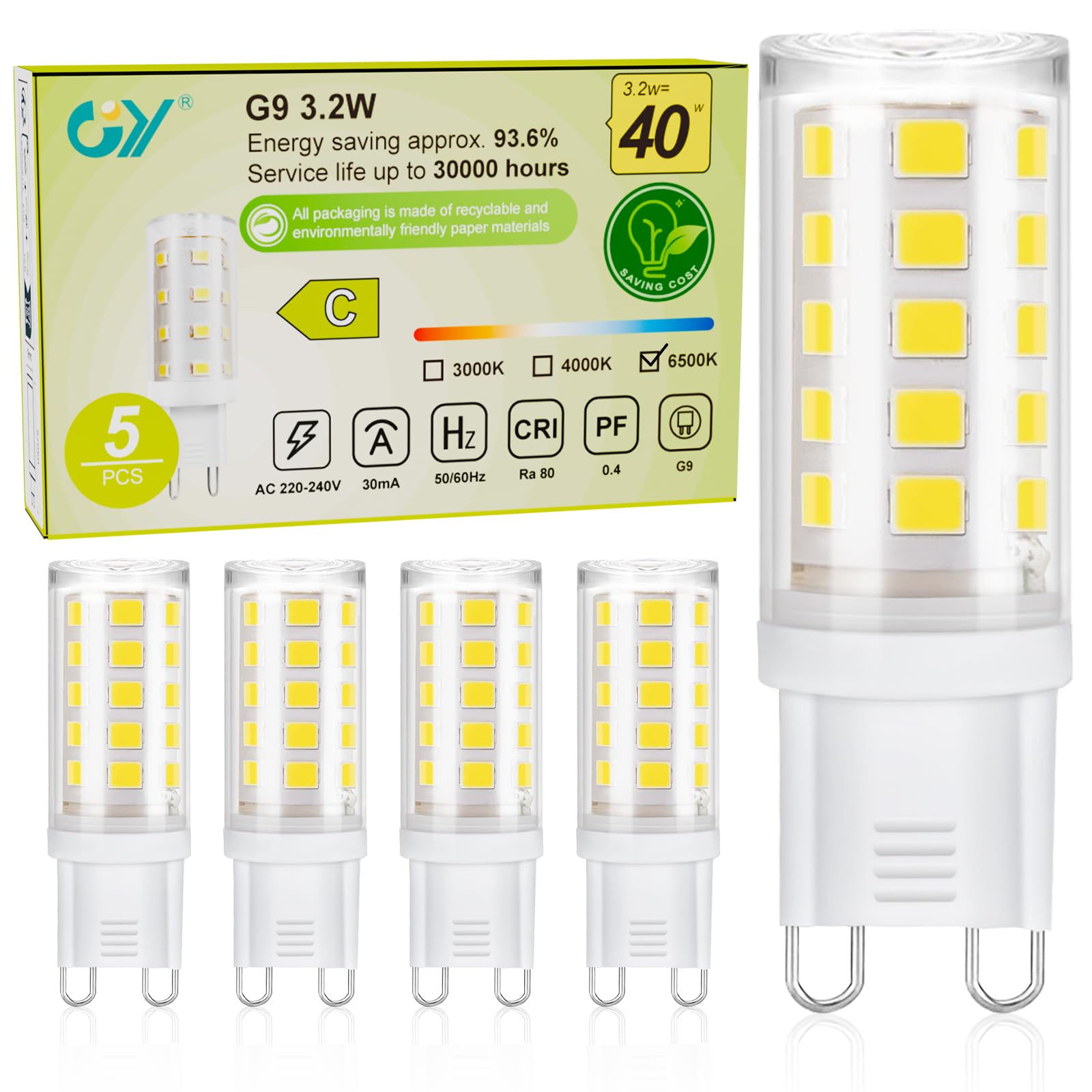 GY G9 LED Bulbs,3.2W Cool White 6500K Energy Saving Light Bulbs,Equivalent to 40W,520 Lumen No Flicker, Not Dimmable for Home Lighting Decor,5 Pack — image 1