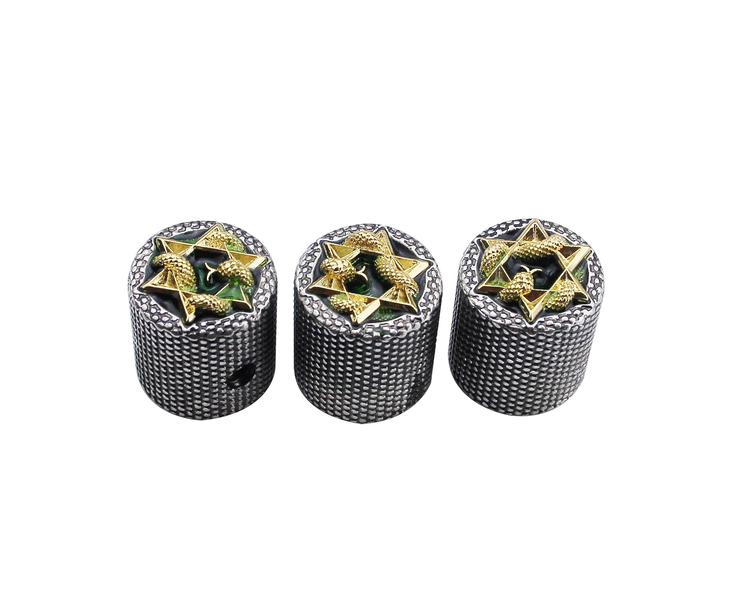 Guyker Guitar Bass Potentiometer Control Knobs with 6mm Dia. Shaft Pots - 3PCS Zinc alloy Speed Tone Volume Knob Replacement Part, (Gold Snake Shape Top, Ancient Silver body)