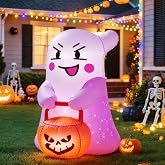 Airdomi 5FT Halloween Inflatables Ghost Outdoor Decorations | Blow Up Yard, Cute Ghost with Pumpkin, Built-in 3-Pattern Colorful Flashing & LED Lights, For Home Holiday Party Lawn Garden
