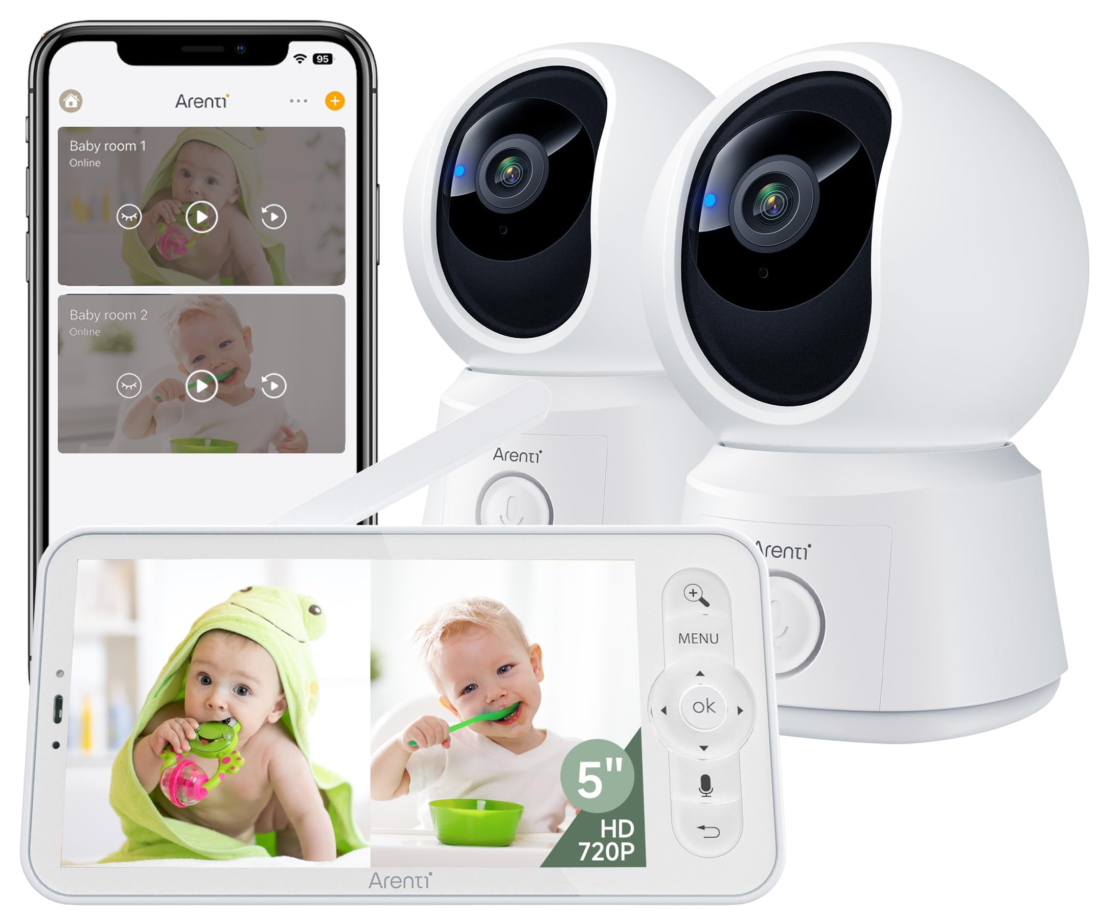 Photo 1 of ARENTI Baby Monitor 2 Cameras, Smart Baby Camera with 5-Inch Wireless Display, Super Night Vision, Temperature Sensor, Sound Detection, Auto Motion Tracking, 2-Way Audio, VOX Mode(B2 Set)