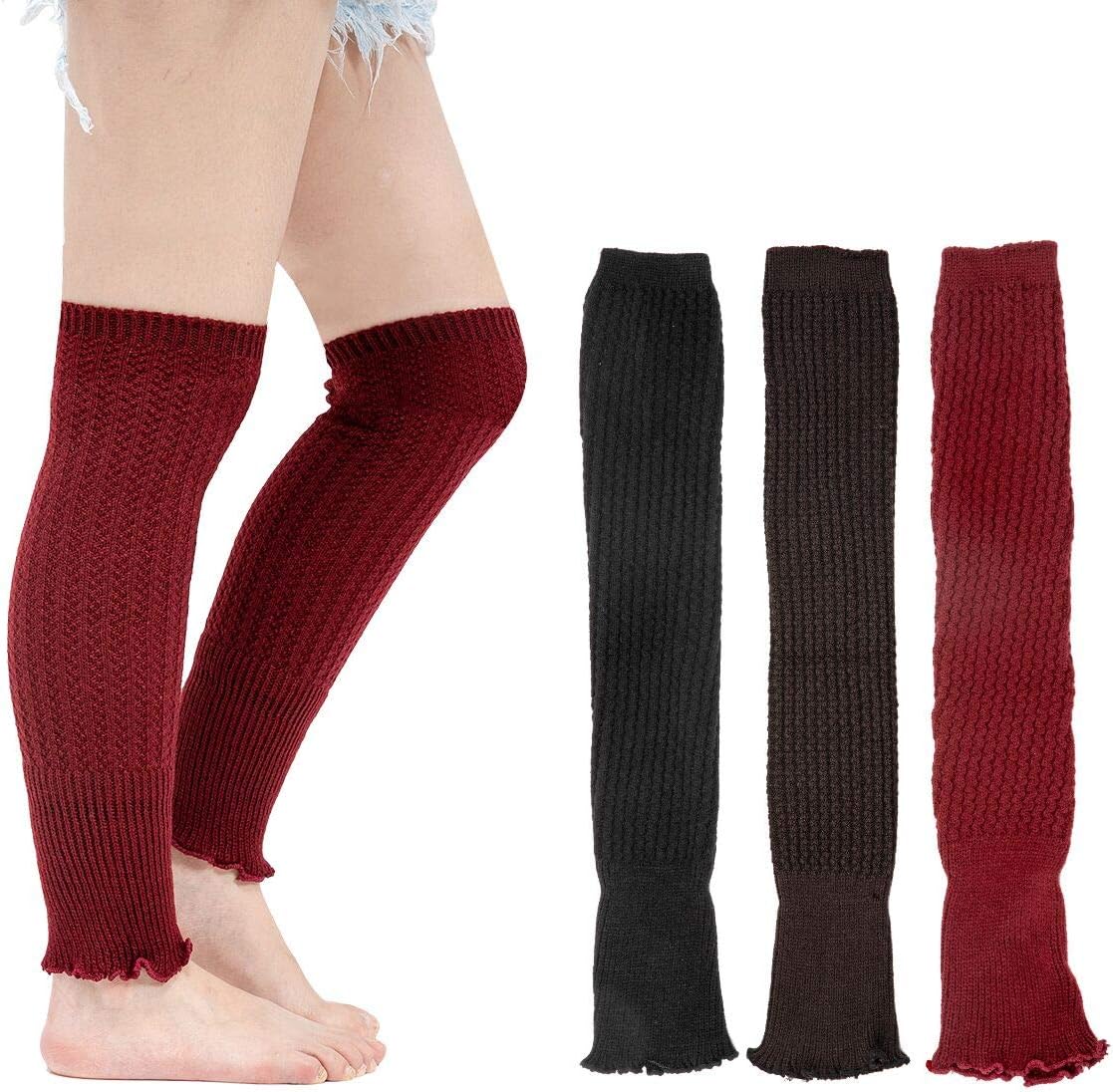 Apipi 3 Pairs Winter Knee High Leg Warmers- Long Leg Knit Warm Winter Sleeves Thermal Women Girls Party Sports (Gray, Black, Red)