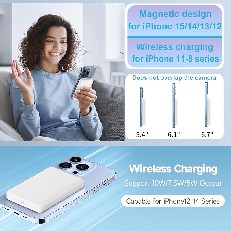 Powerbank pour MagSafe, batterie externe magnétique sans fil 10 000 mAh, charge rapide, batterie externe portable sans fil avec USB-C pour iPhone 12, 13, 14, 15, 16, 17