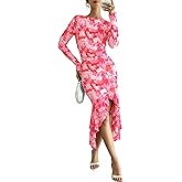 ECOWISH Women's Spring Wedding Guest Dress 2026 Long Sleeve Ruched Bodycon Floral Ruffle Cocktail Party Maxi Dresses
