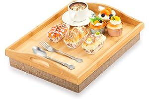 Tioncy 1 Piece Bamboo Lap Tray with Detachable Pillow 16.9'' x 13'' Lap TV Trays Desk with Handles for Adults Eating in Recli