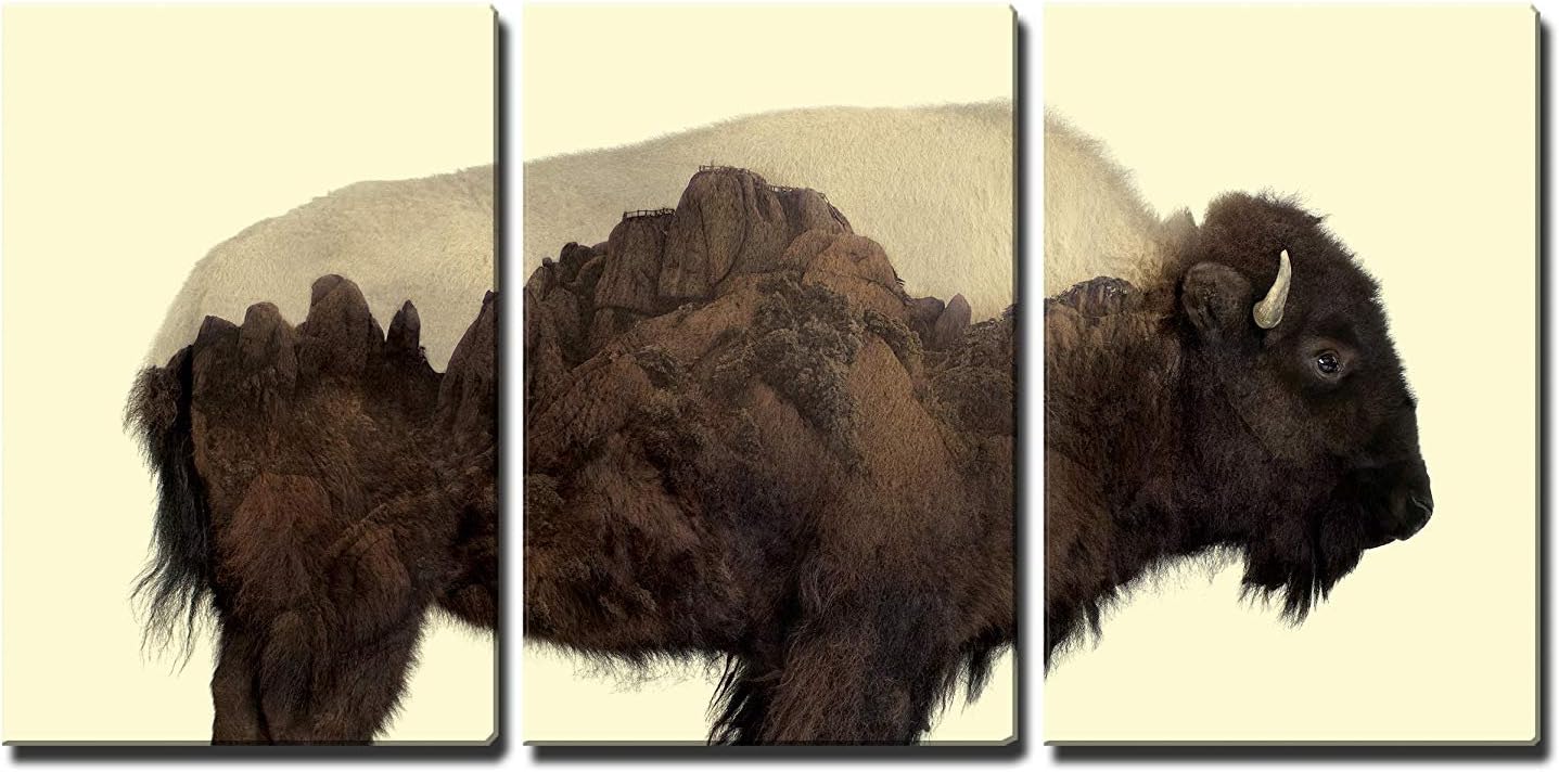 wall26 Canvas Print Wall Art Set Double Exposure Buffalo with Mountains Animals Wilderness Photography Realism Zen Scenic Colorful Multicolor for Living Room, Bedroom, Office - 16"x24"x3 Panels