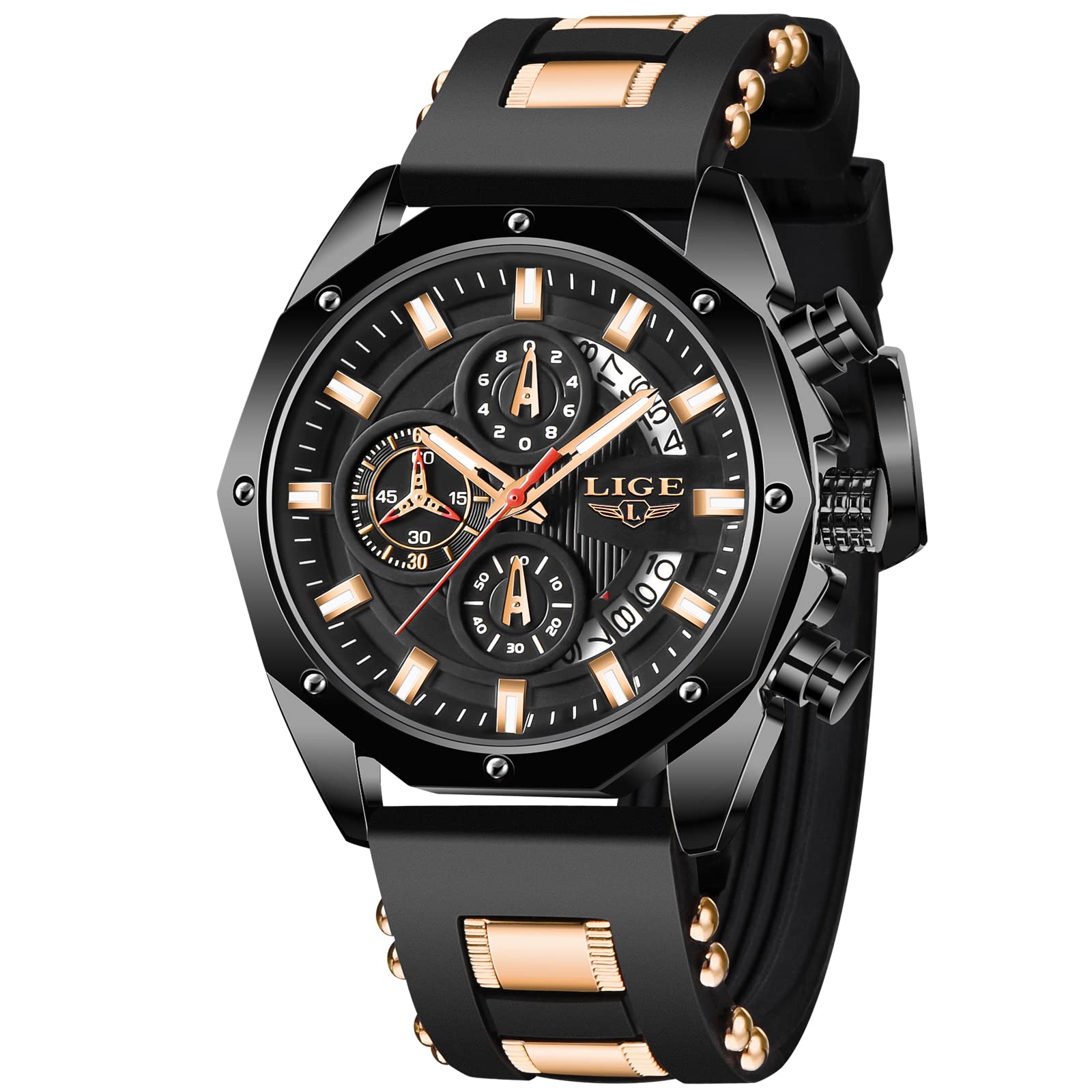 LIGE Men's Fashion Chronograph Stainless Steel Waterproof Analog Quartz Luminous Large Dial Sport Classic Watch, Black, 8.07, Strap, Black, 8.07, Strap