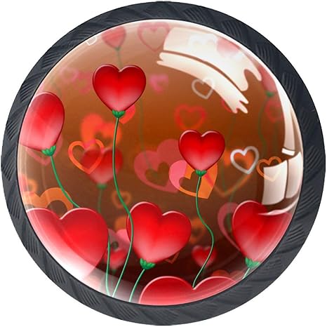 Pack de 4 pomos de armario de 35 mm con fondo de corazones rojos, botón