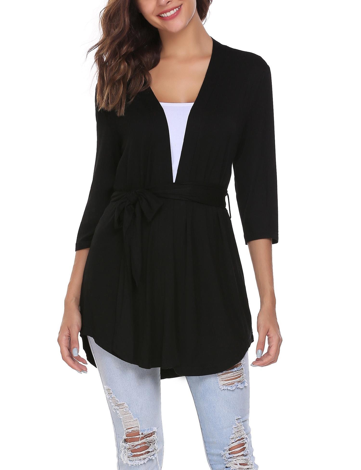 Zeagoo Women\'s long Sleeve Draped Open Front Longline Asymmetrical Hem Kimono Cardigan w/ Belt (Black/M)