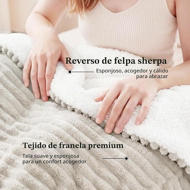 Manta Cama Invierno para Cama 180/200, Sherpa Franela Reversible Polar con Cordón para Sofá, Borreguito Gruesa, Suave, Caliente, Sillón, Transpirable para Invierno (Beige, 220 x 240 cm)