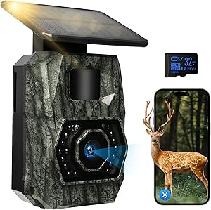 Wildkamera WLAN mit Handyübertragung App, 4K 64MPWildkamera Solar mit Akku 5200mAh Wildtierkamera mit Bewegungsmelder Nachtsicht 0,1s Auslösezeit Wildtierkamera Bluetooth Nachtsichtkamera, IP66