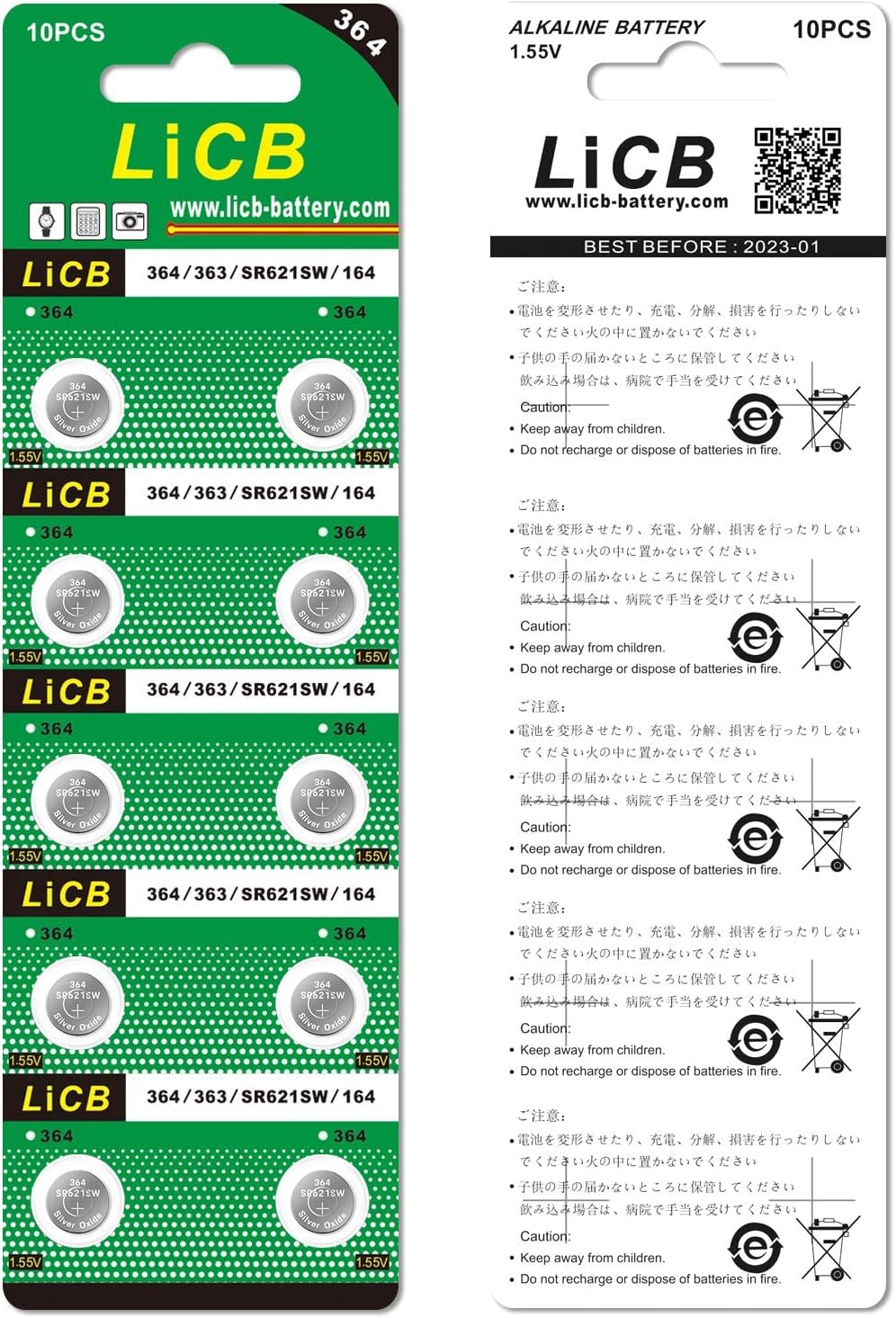 LiCB 10 Pack SR621SW 364 Watch Battery,Long-Lasting & Leak-Proof,High Capacity Silver Oxide 1.55V Button Cell Batteries for Watch