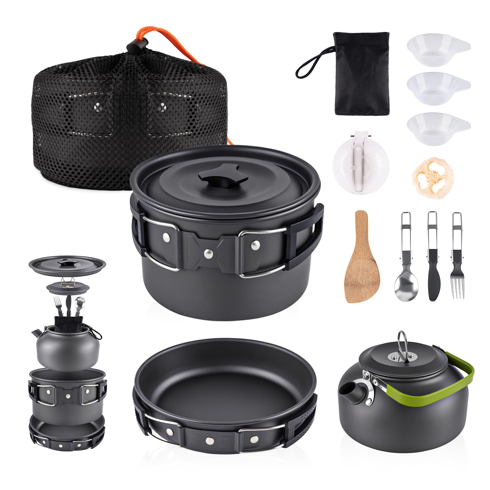 aiGear Camping Cooking Set | Portable Lightweight Aluminum | Camping Pans and Pots Set | Outdoor Traveling Cooking Utensils Kit | for Trekking Hiking Picnic (CC5339BK)