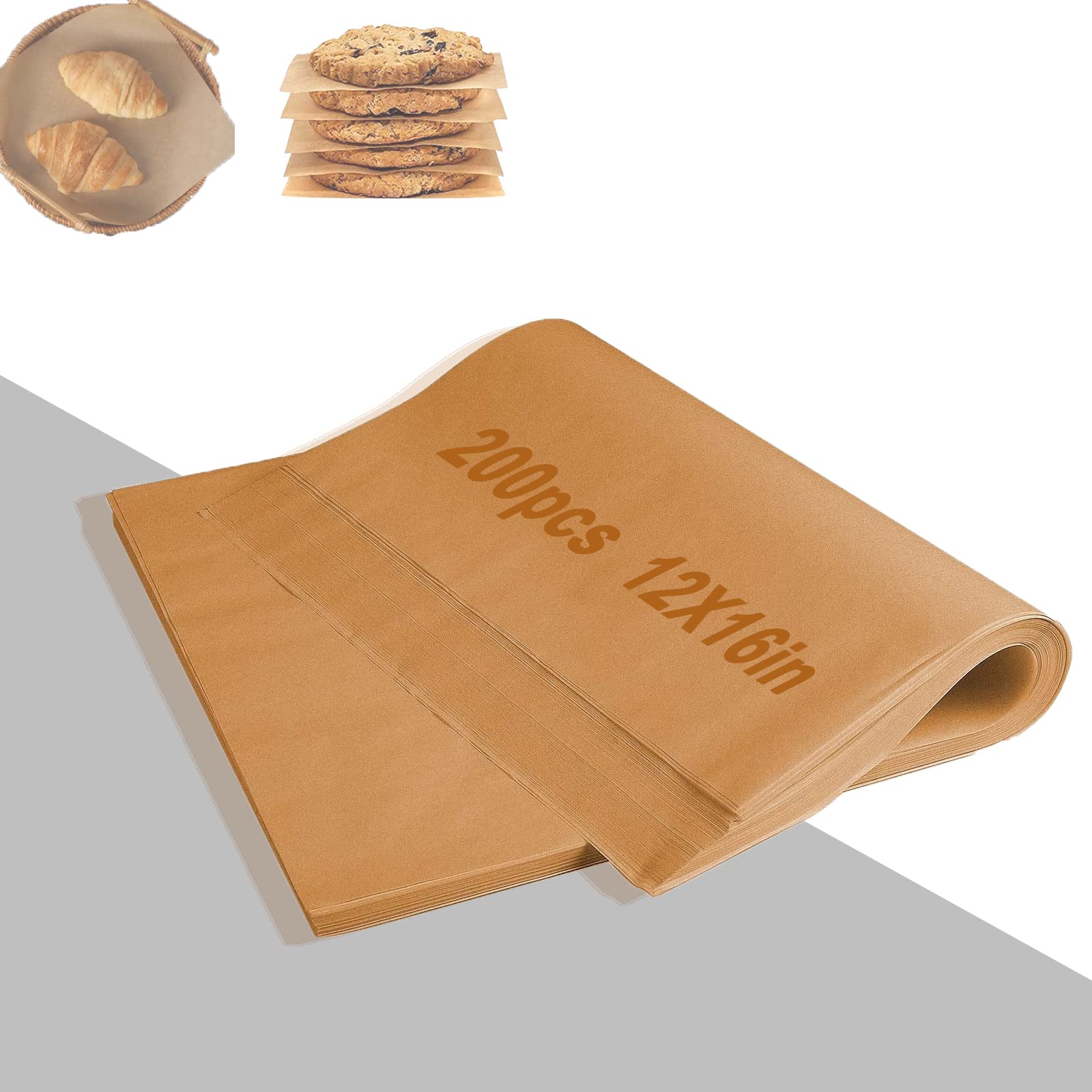 Large Size Parchment Paper Sheets,16x12in (40x30cm) Unbleached Parchment, Pre-Cut Brown Barchment Paper for Baking Cookies, Bread, Meat, Pizza（200 Pcs）