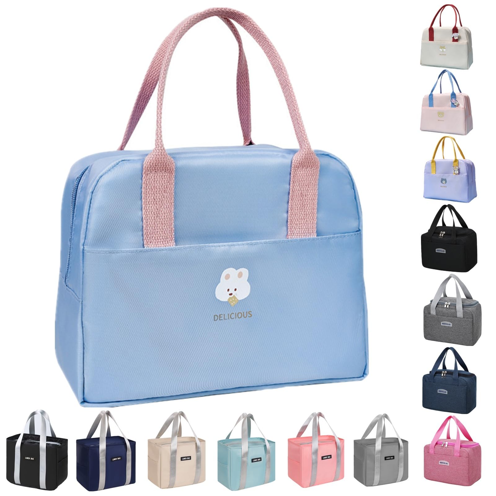 WUWYOUWL Lunch Bag, Cute Carton Insulated Lunch Box, Reusable Lunch Cooler Bags Waterproof Lunchbag Foldable Lunch Bag for Women, Men, Kids and Students Travel Picnic School (Blue)