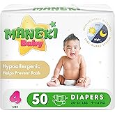 MANEKI Baby Diapers Size 4 (20–31 lbs), 50 Count, Super-Soft, Ultra-Thin & Highly Absorbent, Hypoallergenic, Fragrance-Free for Sensitive Skin, Breathable, Day & Night Leak Protection (Pack May Vary)