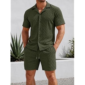 Mens Short Sleeve Outfits 2 Piece Button Down Shirts and Shorts Summer Tracksuit Set