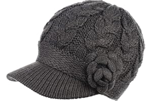 BE YOUR OWN STYLE Womens Winter Elegant Cable Flower Knitted Newsboy Cabbie Cap Beret Beanie Hat with Visor, Warm Plush Fleece Lined