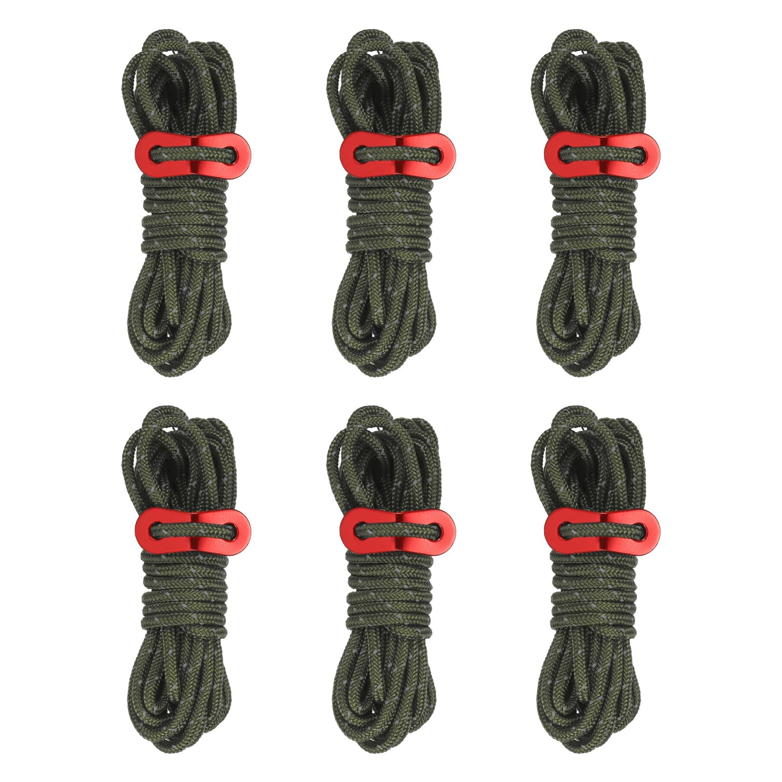 PATIKIL 4mm Tent Rope, 6 Pack 13ft Reflective Guyline Cord Tied Downs Rope Paracord Cord Camping Ropes with Red Aluminum Cord Adjusters for Camping Hiking Tent, Olive Green