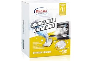 Binbata Eco Dishwasher Detergent Sheets Up To 160 Loads, Citrus Lemon Scent Plastic Free Dishwashing Soap Strips With High Efficient Solid Enzyme, Leaving Dishes Sparkling Clean