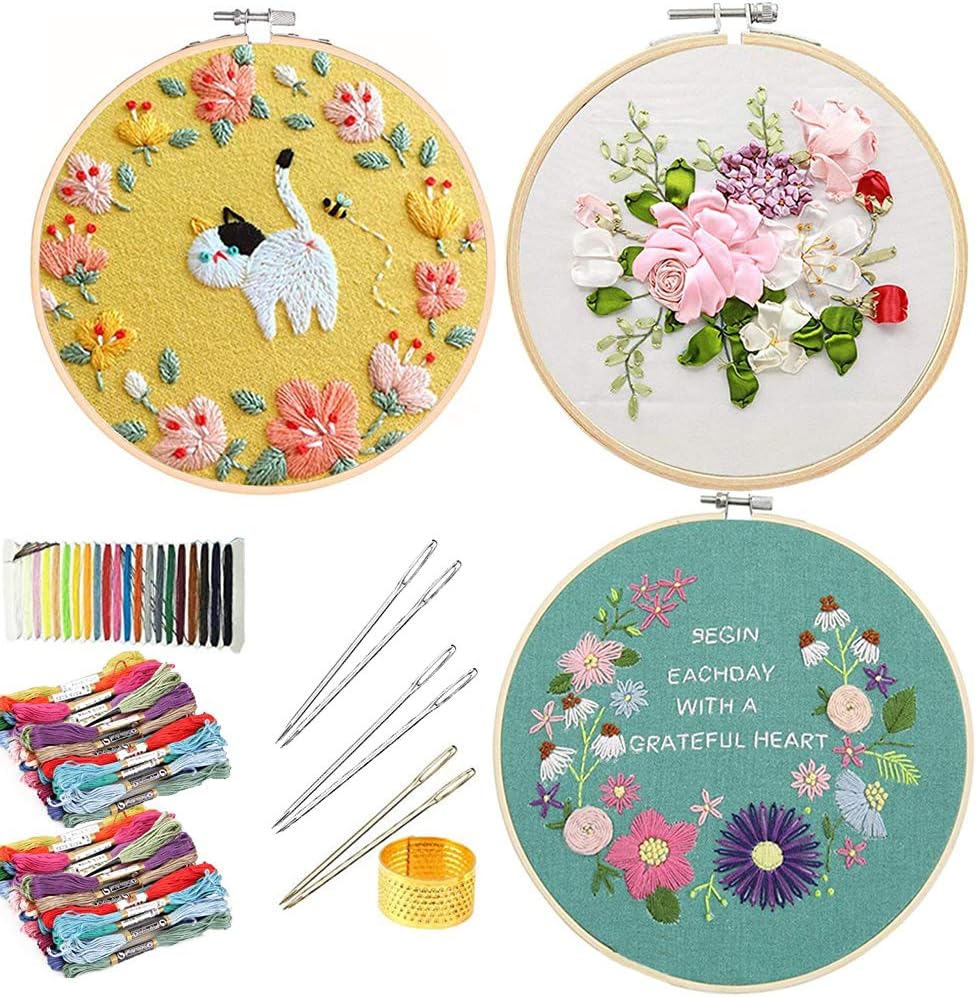 DIY Embroidery Starter Kit with Pattern Full Range of Stamped Embroidery Kits with Instructions, Embroidery Different Pattern, Bamboo Embroidery Hoop, Color Threads and Tools (3 Pack, Design 1#)