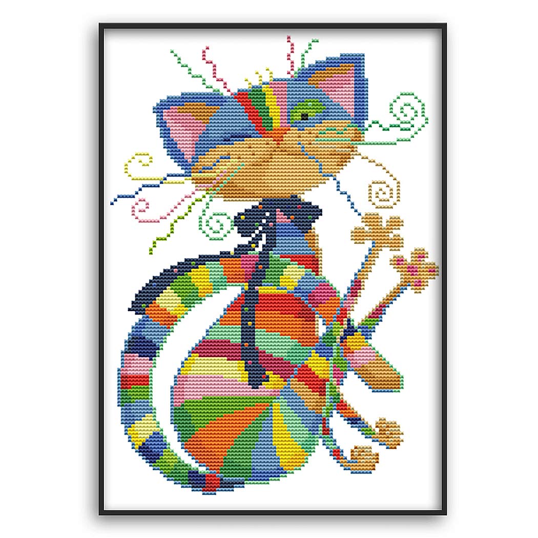 Printed Cross Stitch Kits,11CT Stamped Embroidery Starter Kit for Cross-Stitch Supplies Needlework Craft (32x42cm)-Seven Color Cat