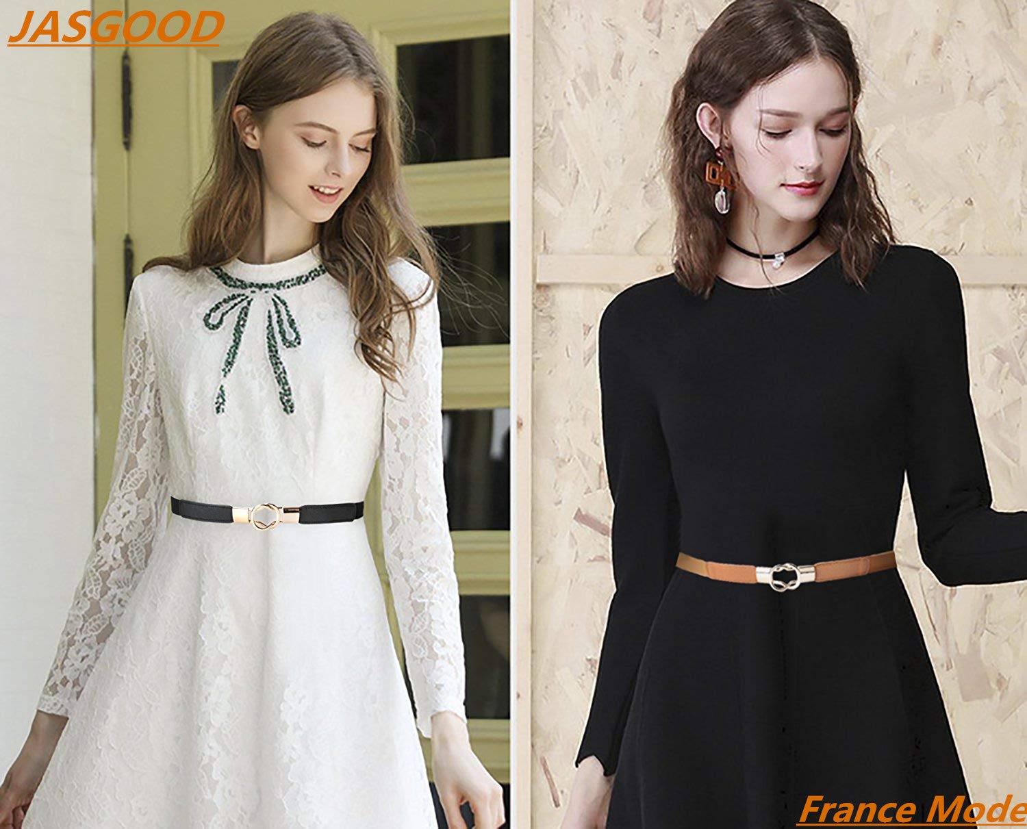 JASGOOD Ceinture Robe Ceinture à la Mode Elastique & Elégante avec Boucle Métallique Automatique Ceinture Accessoire Ceinture Femme Sangle Réglable Ceinture de décoration pour Robe, Jupe Lot de 2