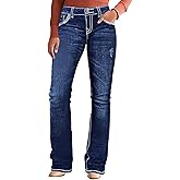 Flamingals Mid Waist Boot Cut Jeans for Women Stretchy Trendy Embroidered Butt Lifting Flare Denim Jeans