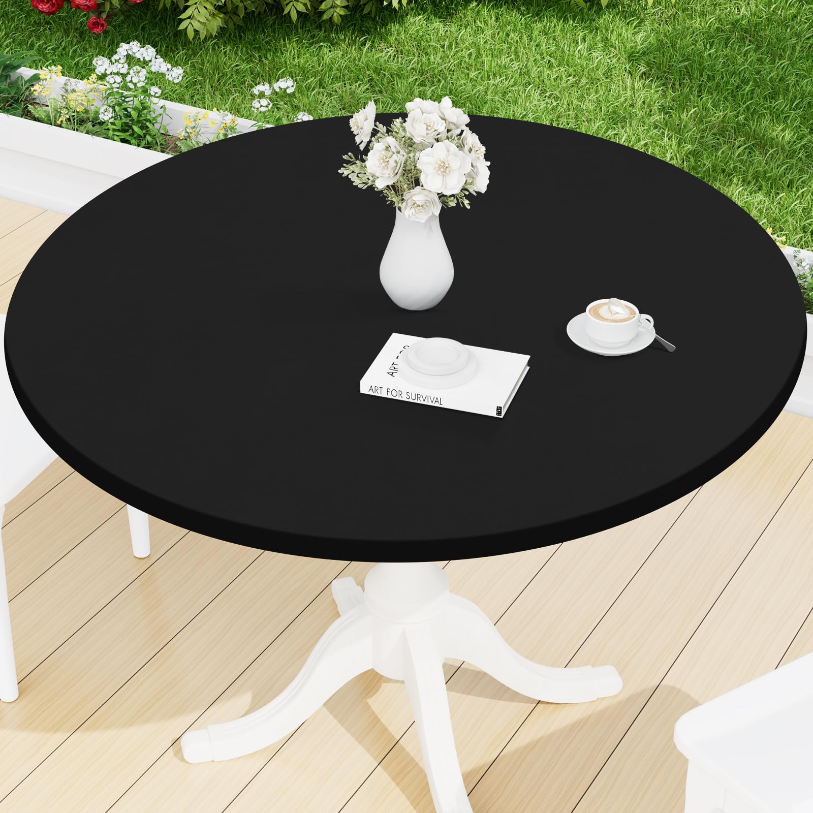 Photo 1 of Smiry Round Spandex Tablecloth, Elastic Fitted Washable Tablecloths for 25"-30" Tables, Waterpoof Stretch Picnic Table Cover for Dining, Indoor and Outdoor, Black