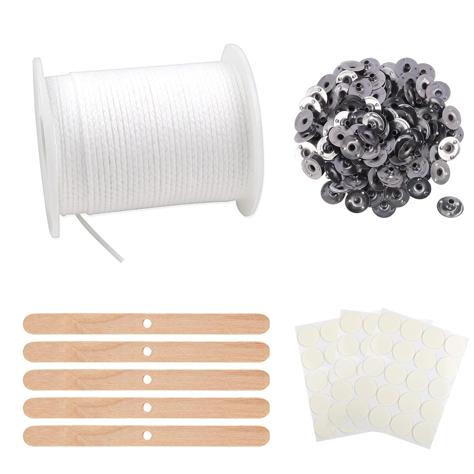 SUpoetry 61 m candle wick, cotton candle wick, smokeless wick, supplied with 100 pieces metal base, 5 pieces wooden holders, 60 pieces foam stickers