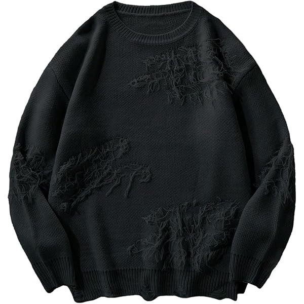 Verdusa Men's Ripped Distressed Fringe Sweaters Streetwear Crew
