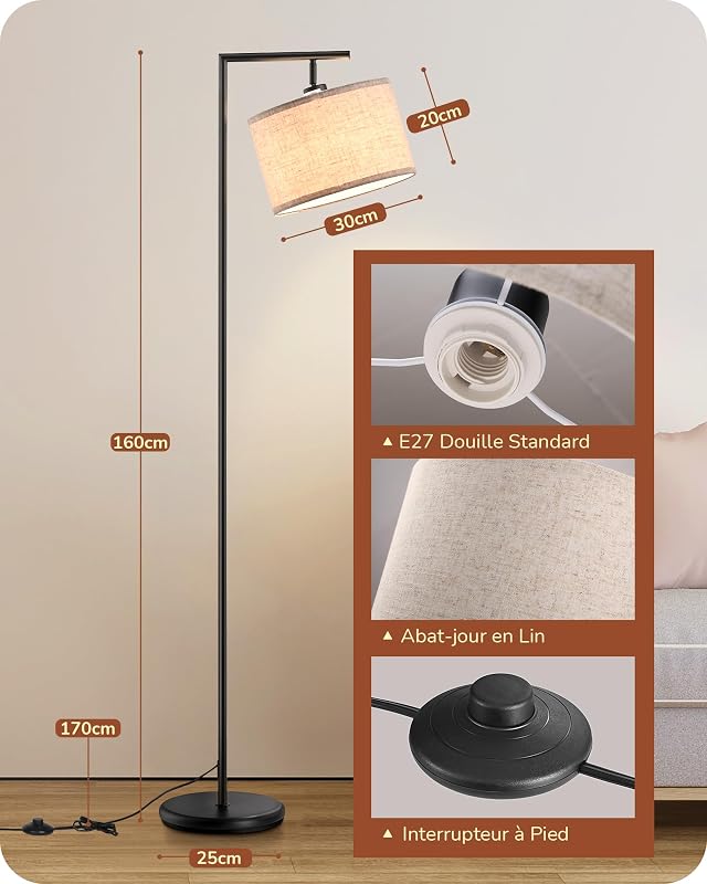 Lampadaire sur Pied Salon avec Abat-jour à Angle Réglable en Lin Beige, E27 Douille, 2700K Ampoule Incluse, Lampe à Pied en Métal avec Interrupteur à Pédale pour Chambre, Salon, Bureau
