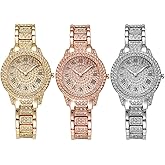 CdyBox 3Pack Ladies Diamond Watch Luxury Rhinestone Bracelet Quartz Analog Watches Set Wristwatch for Women