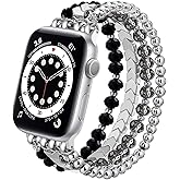 MOFREE Beaded Bracelet Compatible with Apple Watch Band 38mm/40mm/41mm/42mm, Fashion Elastic Stretch Women Bands for iWatch Series 11/10/9/8/7/SE/6/5/4/3/2/1 iPhone Watch Strap Bands (Black/Silver)