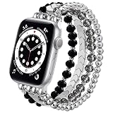 MOFREE Beaded Bracelet Compatible with Apple Watch Band Series 11/10/9/8/7, Fashion Stretch Women Bands for iWatch Series SE/6/5/4/3/2/1 iPhone Watch Strap Bands 42/44/45/49/46mm (Black/Silver)