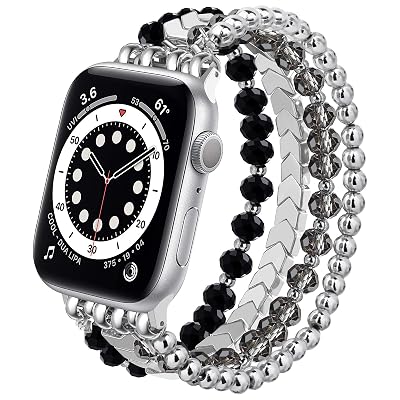 MOFREE Beaded Bracelet Compatible with Apple Watch Band Series 11/10/9/8/7, Fashion Stretch Women Bands for iWatch Series SE/6/5/4/3/2/1 iPhone Watch Strap Bands 42/44/45/49/46mm (Black/Silver)